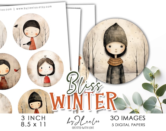 WINTER BLISS 3 inch printable Christmas | Holidays supplies round pendant charm glass cabochon magnet | journal scrapbooking craft | tn702