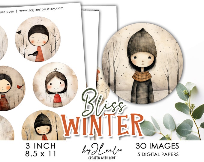 WINTER BLISS 3 inch printable Christmas | Holidays supplies round pendant charm glass cabochon magnet | journal scrapbooking craft | tn702