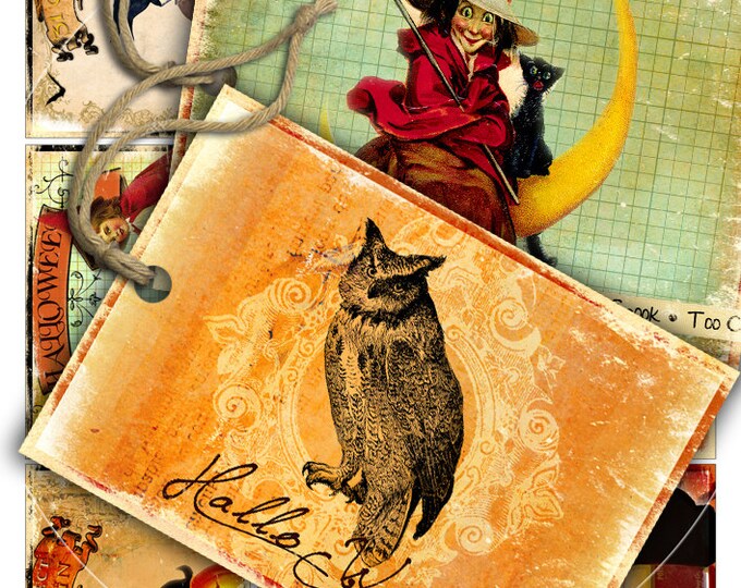 HALLOWEEN PARTY printable aceo size Digital collage sheet black cat owl skull crow witch instant download background vintage ac289