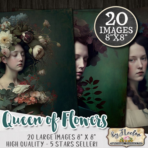 QUEEN of FLOWERS 8x8 printable square | 20 large digital images | romantic french portrait | flower chic vintage | Bundle download | pp589