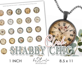SHABBY CHIC CLOCK 1 inch printable | Vintage ephemera fussy cuts supplies pendant pin charm cabochon | Digital Art Digital Download | tn776