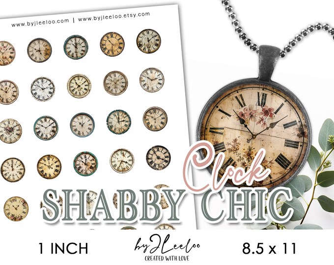 SHABBY CHIC CLOCK 1 inch printable | Vintage ephemera fussy cuts supplies pendant pin charm cabochon | Digital Art Digital Download | tn776