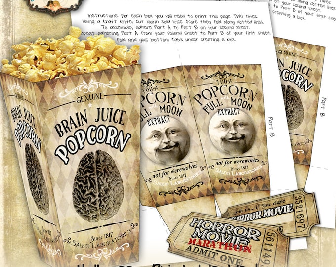 POPCORN BOXES - Digital collage sheet halloween horror movie tickets popcorn template scary party  - instant download printable - pp301