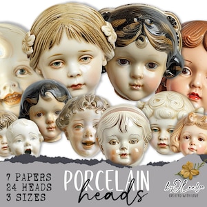 CABEZAS DE PORCELANA, efímeras recortadas, imprimibles, muñecas de papel, suministros caprichosos, técnica mixta, diario basura, elementos de muñecas, collage, cl164