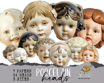 PORCELAIN HEADS fussy-cut ephemera printable | Paper doll Whimsical supplies mixed media junk journal | dolls elements collage | cl164