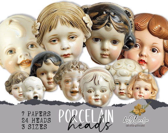 PORCELAIN HEADS fussy-cut ephemera printable | Paper doll Whimsical supplies mixed media junk journal | dolls elements collage | cl164