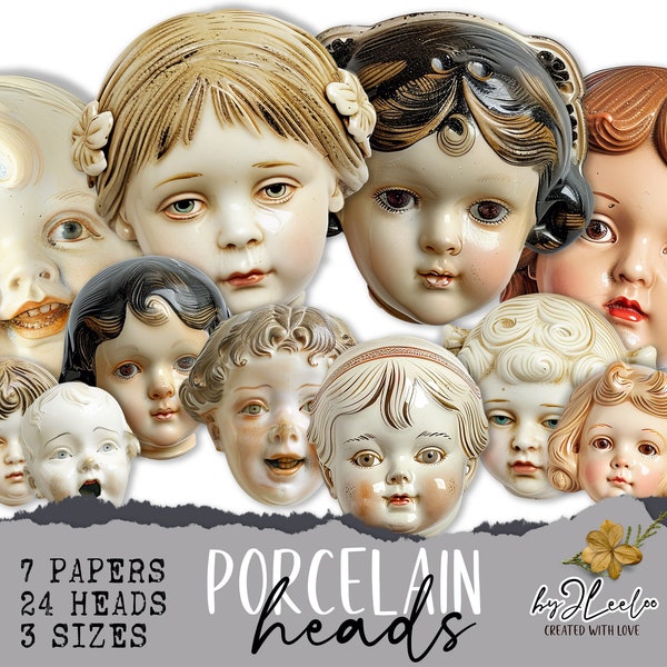 PORCELAIN HEADS fussy-cut ephemera printable | Paper doll Whimsical supplies mixed media junk journal | dolls elements collage | cl164