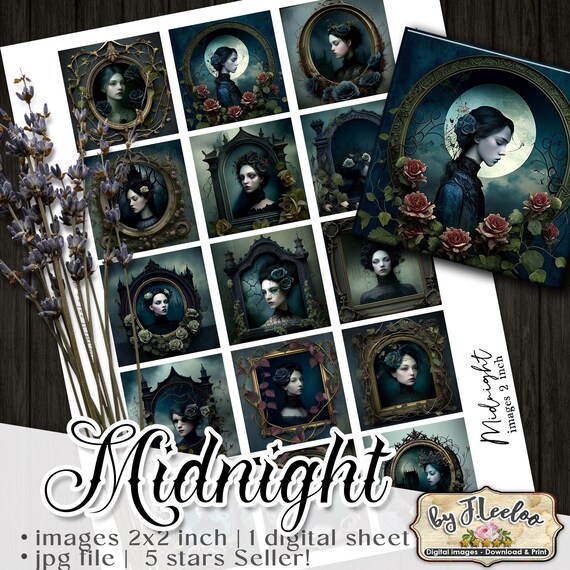 MIDNIGHT 2x2 inch gothic printable | melanconic dark woman digital | witches amulet | victorian flower vintage | instant download qu547