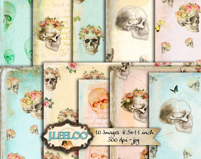 PAPER SKULL 10 large papers for scrapbook Digital collage sheet print pastel color bones day death distress for instant download pp275