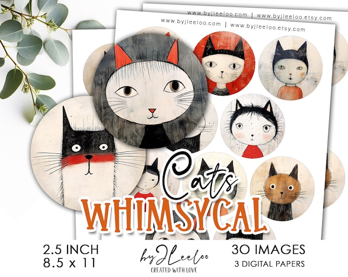 WHIMSICAL CATS 2.5 inch printable | supplies round pendant sticker charms glass cabochon magnet | ornaments journal scrapbook craft | tn707
