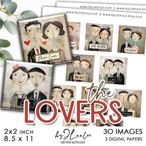 LES AMOUREUX 2 x 2 pouces imprimable | fournit des pendentifs carrés, des images de breloques, un aimant, des étiquettes, une carte de vœux | cadeau d'art altéré pour amoureux | qu594