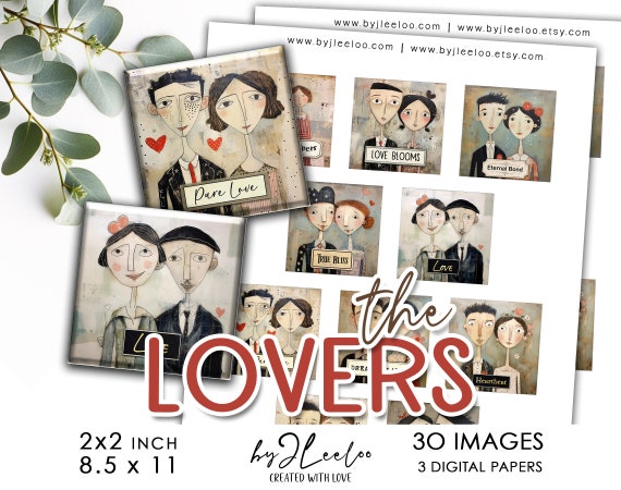 THE LOVERS 2x2 inch printable | supplies square pendants, charm images, magnet, tags, craft card | altered art gift for sweetheart | qu594