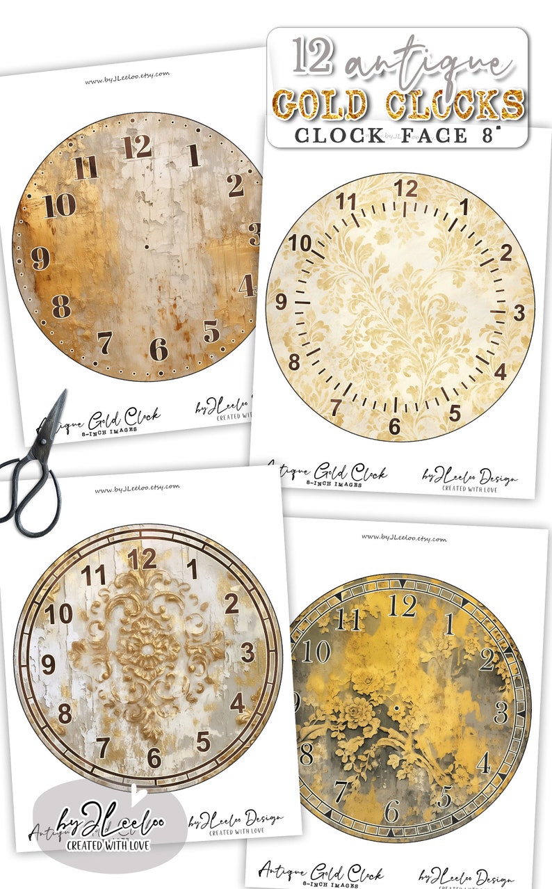ANTIQUE GOLD Clock 8 Inch Circle Printable Clock Face Grunge Making ...