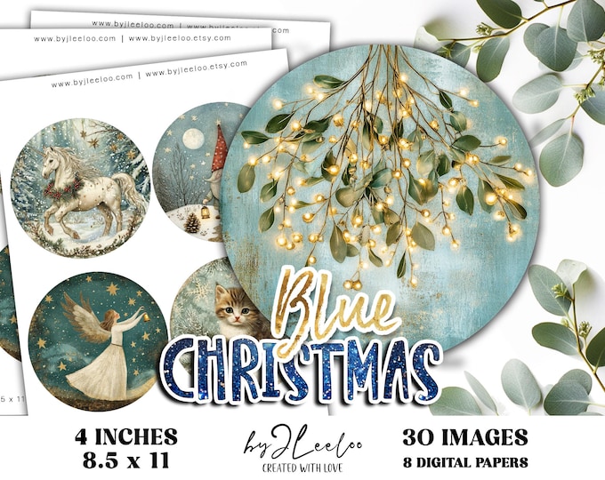 BLUE CHRISTMAS 4 inch circle printable | Vintage holidays images for coaster decoration magnet stickers | Circle Journaling Labels | tn835