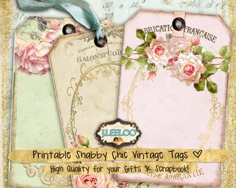 May include: Three printable vintage style gift tags with a shabby chic aesthetic. The tags feature a pink and white floral design with gold accents. The text on the tags reads "BRICATIFRANCAISE" and "GALON DE COTON".