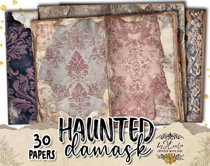 HAUNTED DAMASK – 30 Gothic Purple Vintage Papers | Decayed Faded Damask Wallpaper Texture | Shabby Junk Journals Craft Scrapbooking | pp982