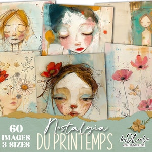 NOSTALGIA DU PRINTEMPS Collezione 60 illustrazioni 3 dimensioni / Carta per scrapbooking di diario spazzatura effimera disegnata a mano arte eccentrica stampabile / cp014
