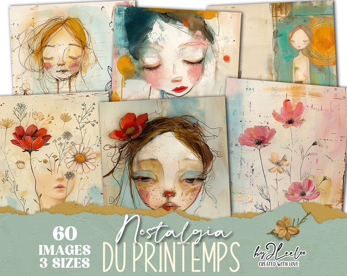 NOSTALGIA DU PRINTEMPS Collection 60 illustration 3 sizes | Hand-drawn ephemera junk journal scrapbook paper art quirky printable | cp014