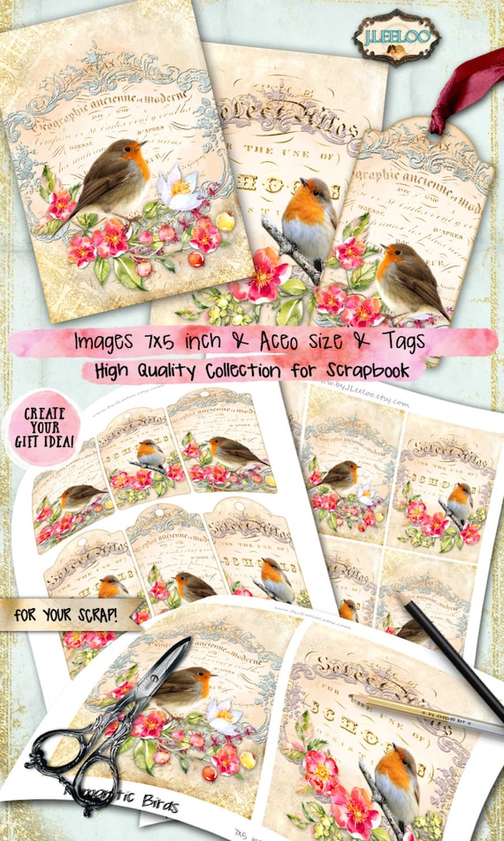 ROMANTIC BIRDS printable card tag digital papers scrapbook instant download printable Digital collage sheet  pp344