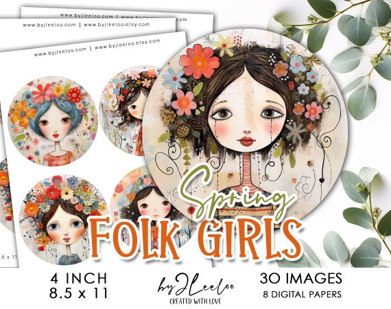 SPRING FOLK girls 4 inch circle printable | round supplies for coaster pendant mirror magnet | craft instant download diy scrapping | tn721