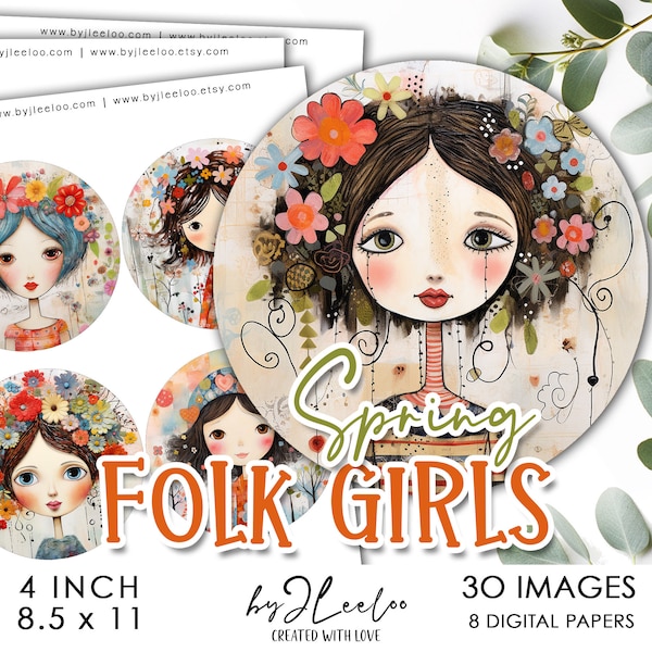 SPRING FOLK Mädchen 4-Zoll-Kreis bedruckbar | runde Lieferungen für Untersetzer Anhänger Spiegel Magnet | handwerks sofort download DIY scrapping | tn721