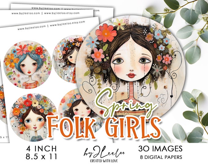 SPRING FOLK girls 4 inch circle printable | round supplies for coaster pendant mirror magnet | craft instant download diy scrapping | tn721