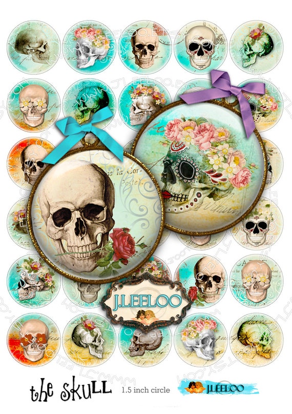 Digital printable THE SKULL 1.5 inch circle for goth scary dia de los muertos pendant craft instant download Digital collage sheet tn309