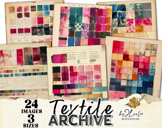 TEXTILE ARCHIVE 24 Pages – Vintage Ledger & Fabric Swatches | Junk Journal Papers in 3 Sizes | Digital Collage Sheets Commercial Use | pp938