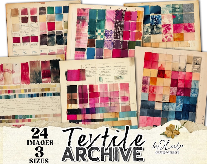 TEXTILE ARCHIVE 24 Pages – Vintage Ledger & Fabric Swatches | Junk Journal Papers in 3 Sizes | Digital Collage Sheets Commercial Use | pp938
