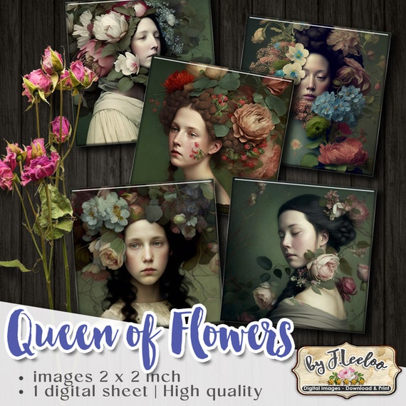 QUEEN of FLOWERS printable square pendants | sheet digital images | romantic french portrait | flower chic vintage | instant download qu545