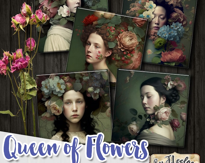 QUEEN of FLOWERS printable square pendants | sheet digital images | romantic french portrait | flower chic vintage | instant download qu545