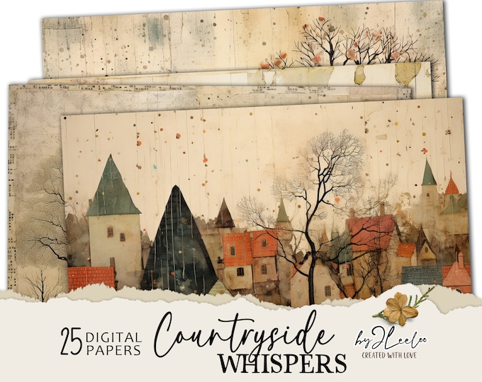 COUNTRYSIDE WHISPERS landscape vintage papers | large Junk Journal pages background digital collage | village cottage spring poster  | pp745