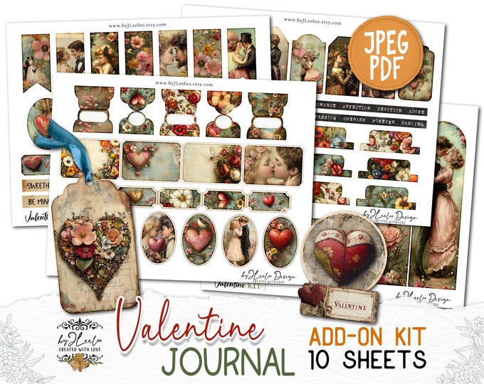 VALENTINE JOURNAL Add-On Kit Junk Journal Pages printable | Digiscrap Vintage romantic lovers Scrapbook fussy cut ephemera CU | pp907