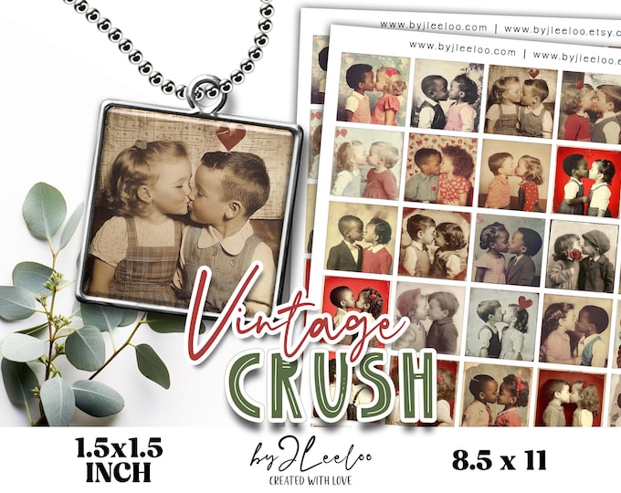 VINTAGE CRUSH 1.5x1.5 inch printable illustration | Valentine Ephemera | Junk Journal Scrapbooking | Pins Jewelry | Retro Collage CU | qu620