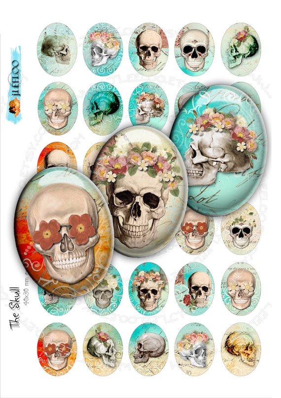 Digital printable THE SKULL 30x40mm oval for goth scary dia de los muertos pendant and craft instant download Digital collage sheet ov122