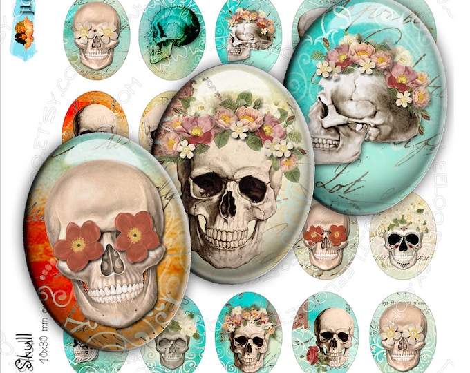 Digital printable THE SKULL 30x40mm oval for goth scary dia de los muertos pendant and craft instant download Digital collage sheet ov122
