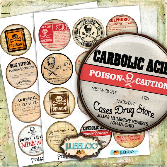 Digital paper POISON 2.5 inch circle goth apothecary labels arsenic magnet stickers mirrors pendant instant download printable tn453