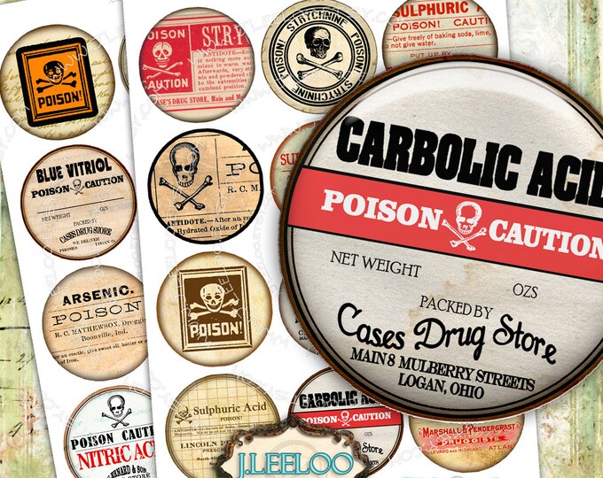 Digital paper POISON 2.5 inch circle goth apothecary labels arsenic magnet stickers mirrors pendant instant download printable tn453