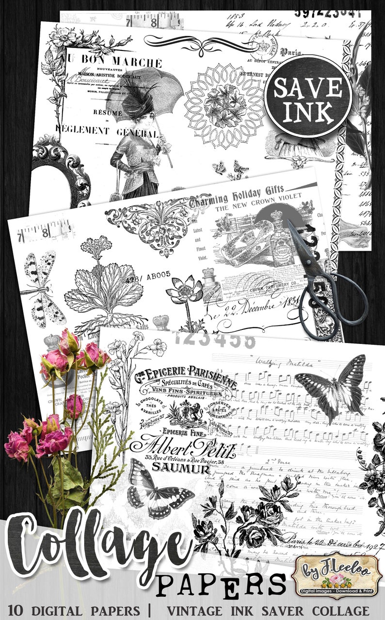 COLLAGE PAPERS Ink Saver Black White Ephemera Printable Junk Journal ...