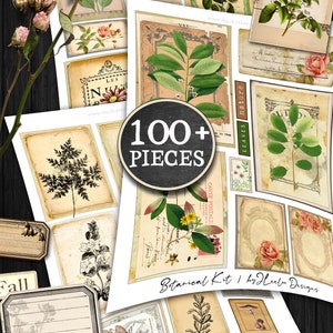 K&ouml;nnte beinhalten: Ein digitales Collage-Kit mit &uuml;ber 100 botanischen Bildern, darunter Blumen, Bl&auml;tter und Pflanzen. Das Kit enth&auml;lt 8 digitale Papiere und ist perfekt f&uuml;r Scrapbooking, Kartenherstellung und andere Bastelprojekte. Der Text "Botanical Kit" ist in einer gro&szlig;en, orangefarbenen Schrift dargestellt.