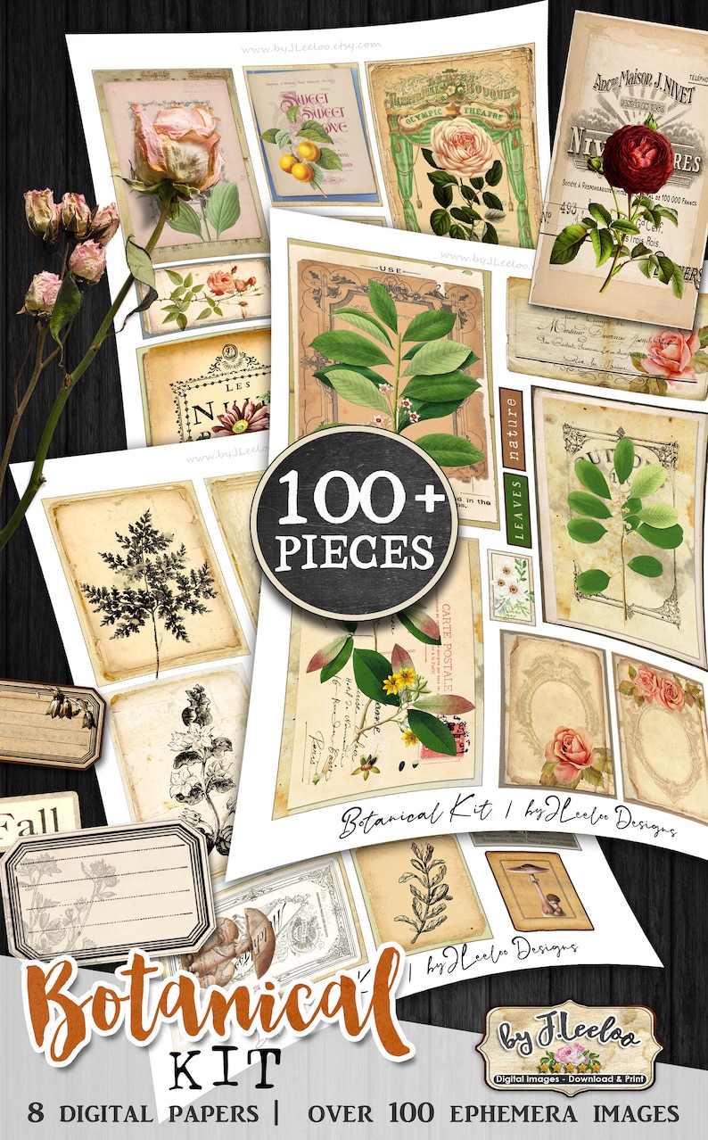 K&ouml;nnte beinhalten: Ein digitales Collage-Kit mit &uuml;ber 100 botanischen Bildern, darunter Blumen, Bl&auml;tter und Pflanzen. Das Kit enth&auml;lt 8 digitale Papiere und ist perfekt f&uuml;r Scrapbooking, Kartenherstellung und andere Bastelprojekte. Der Text "Botanical Kit" ist in einer gro&szlig;en, orangefarbenen Schrift dargestellt.