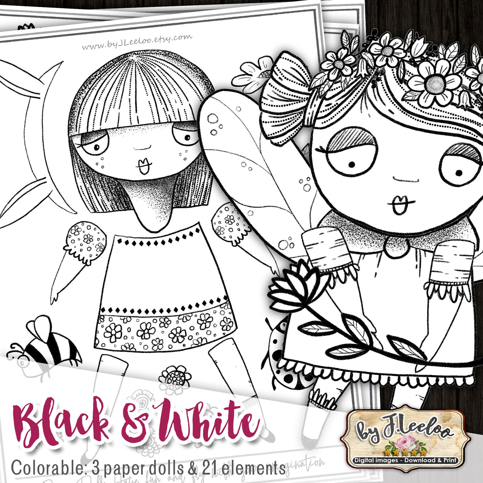 BLACK and WHITE Paper Dolls Coloring Articulated Altered Art | Etsy