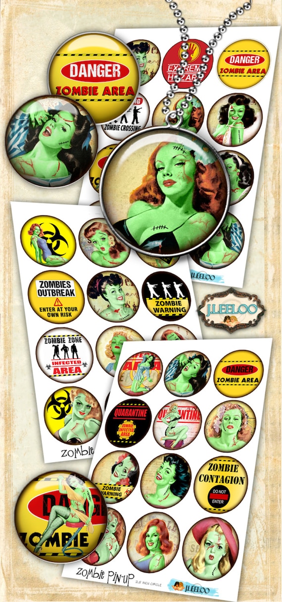 Digital collage sheets ZOMBIE PIN UP 2.5 inch circle hang tags magnet stickers mirrors pendant walking dead instant download tn446