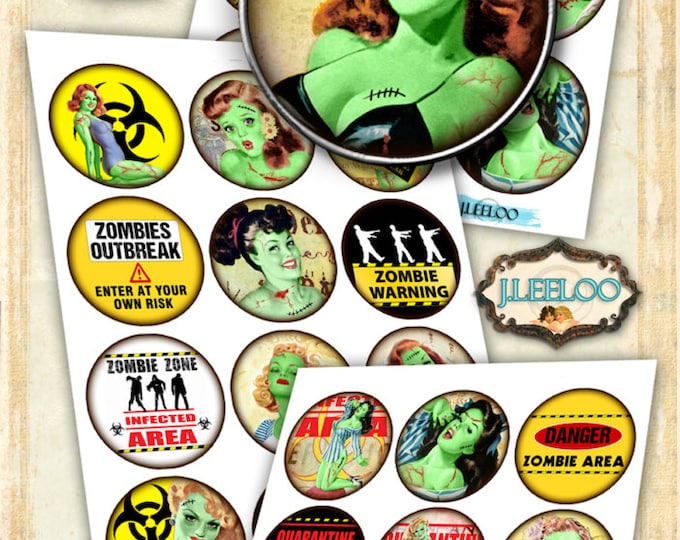 Digital collage sheets ZOMBIE PIN UP 2.5 inch circle hang tags magnet stickers mirrors pendant walking dead instant download tn446