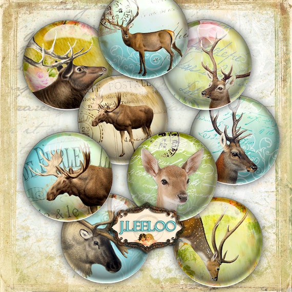 Digital printable HORNS 1 inch circle sheets deer moose digital images paper goods chic vintage pendant craft instant download tn431