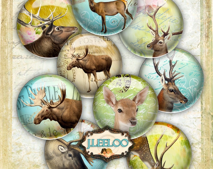 Digital printable HORNS 1 inch circle sheets deer moose digital images paper goods chic vintage pendant craft instant download tn431