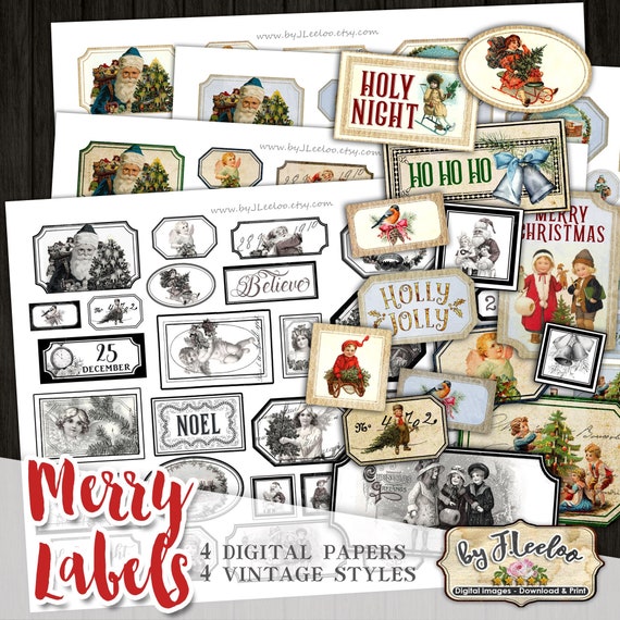 MERRY LABELS christmas kit printable vintage ephemera junk journal instant download printable images digital collage sheet tl247