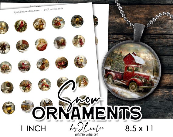 SNOW ORNAMENTS – Christmas Round Fine Art Images for Junk Journals, Winter Printables, Vintage Christmas Circles, Holiday Ephemera | tn845