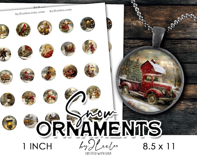 SNOW ORNAMENTS – Christmas Round Fine Art Images for Junk Journals, Winter Printables, Vintage Christmas Circles, Holiday Ephemera | tn845