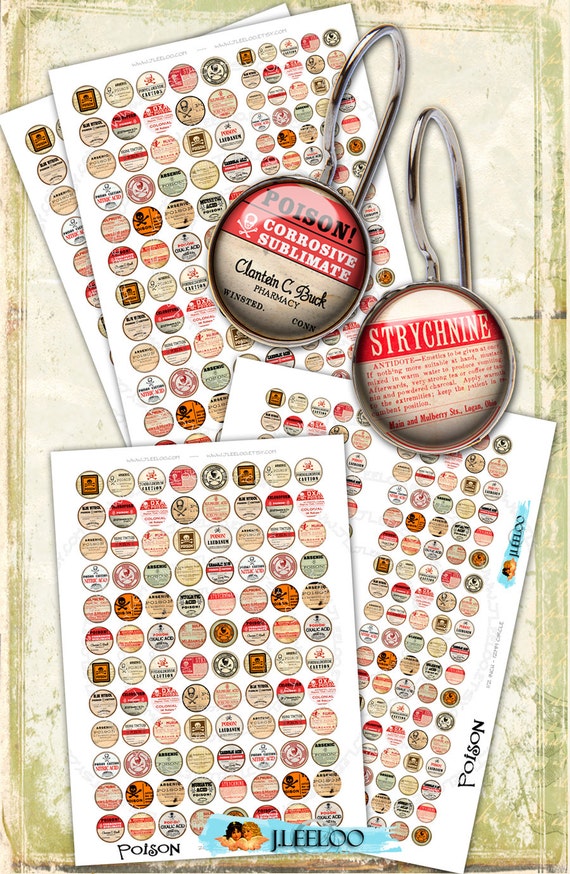 Digital collage sheet POISON 20mm 12mm circle sheets earring ring size apothecary digital images jewelry instant download tn450